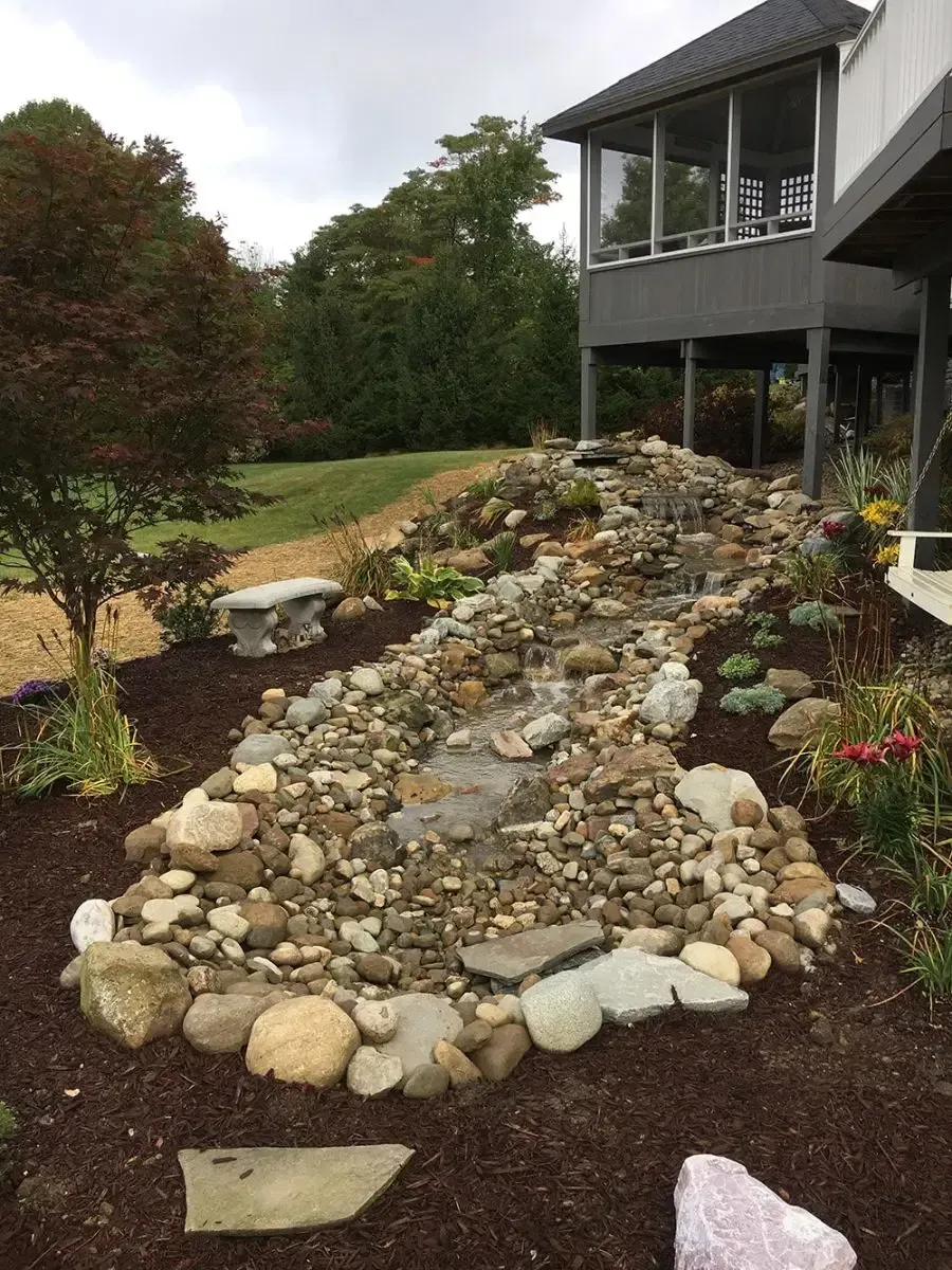 Rock-filled garden bed beside a house with screened porch and trees, sloping down a mulched yard.