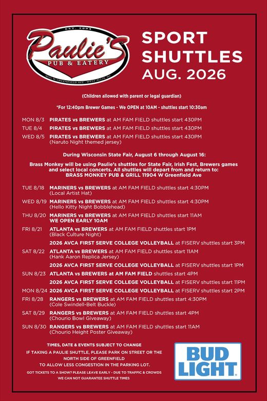 Paulie’s Concert Shuttles July 2026 schedule poster with red, black, and white text and brewery logo