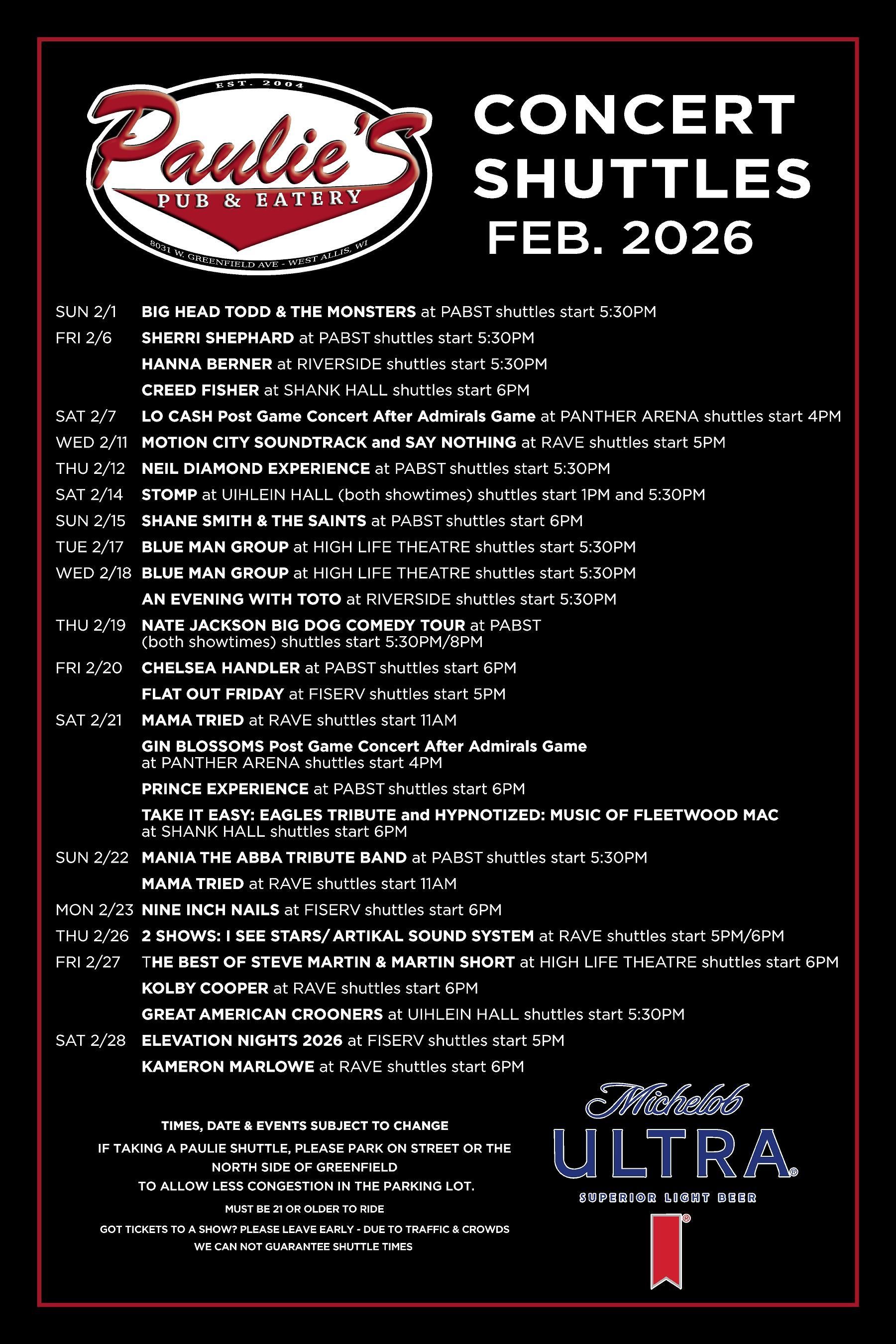 February concert shuttles schedule