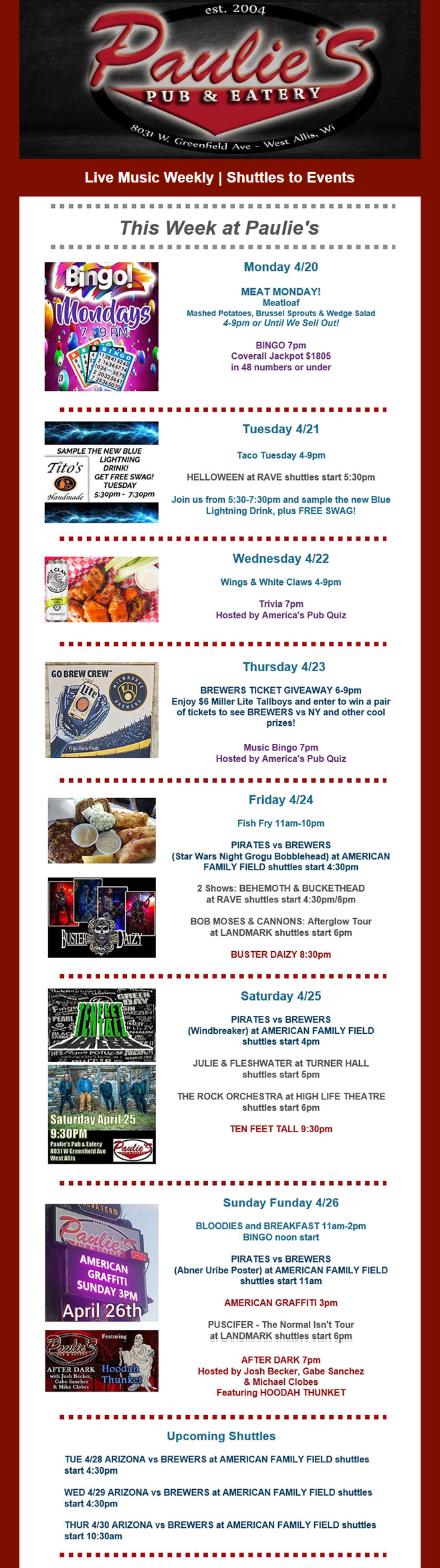 Vertical event flyer with red header and multiple colorful game listings on a white background.