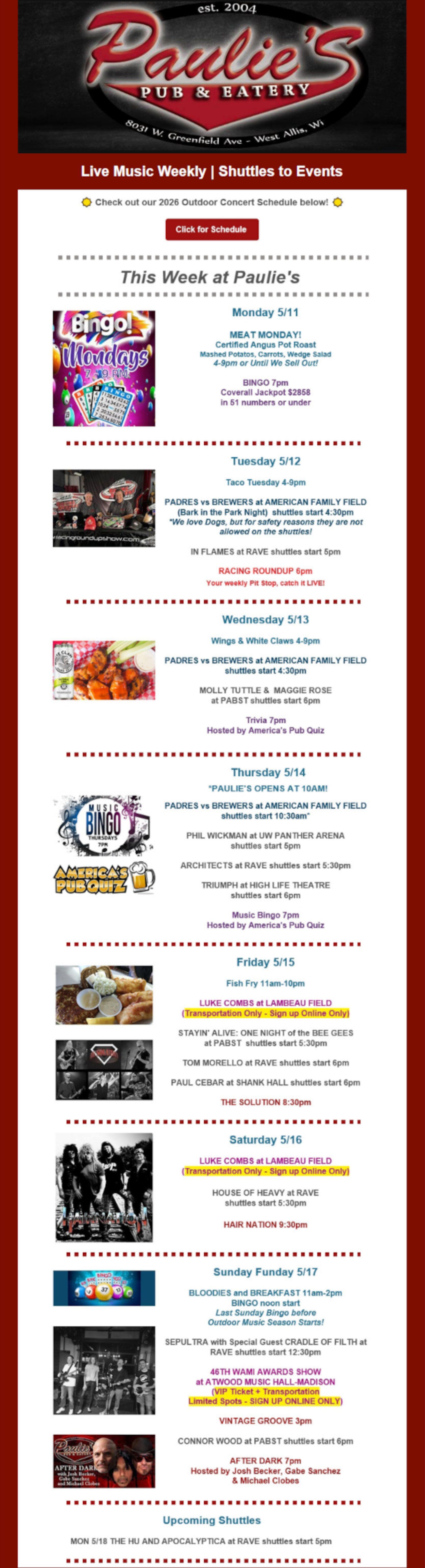 Paulie's Pub & Eatery concert series schedule for May through September, featuring bands, dates, and a QR code.