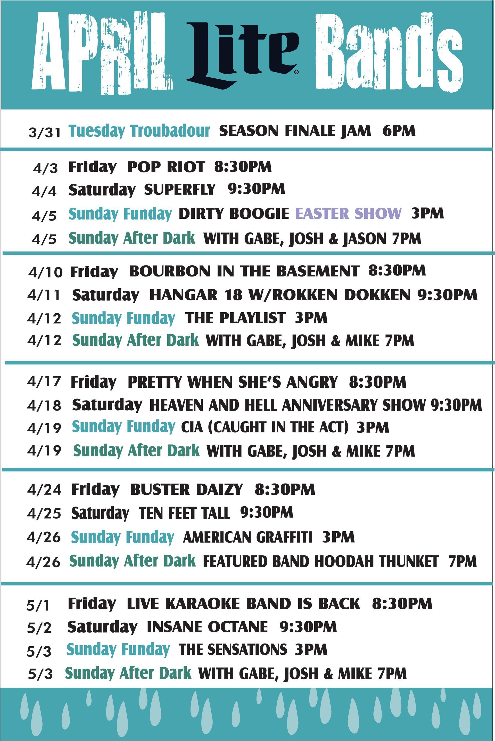 A calendar list titled April Lite Bands with dates, times, and musical acts scheduled from March 31 through May 3.