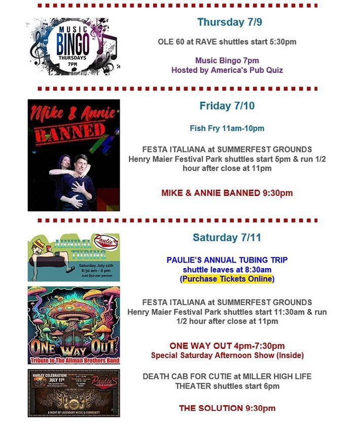 Event flyer with Thursday, Friday, and Saturday schedule details