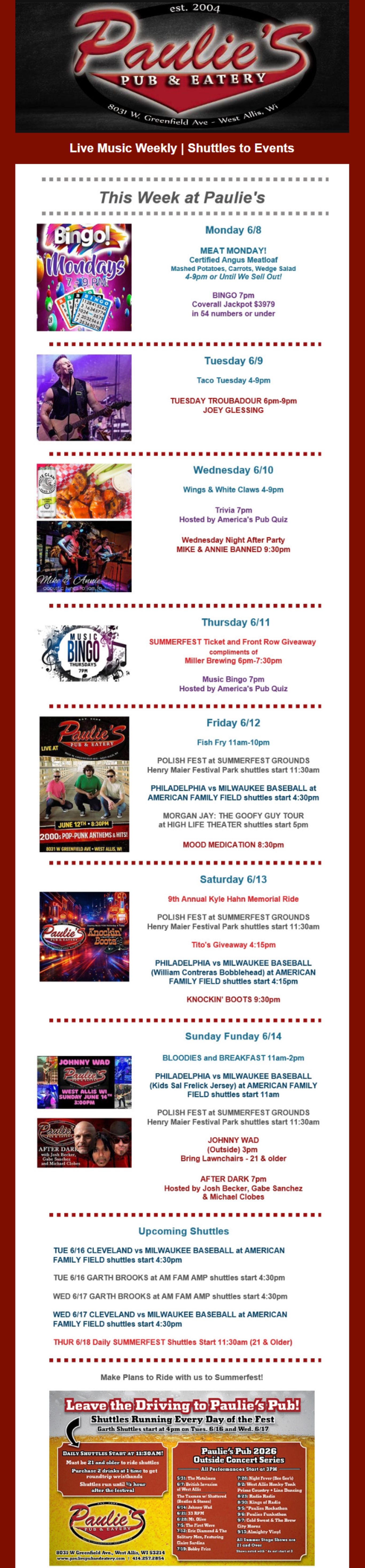 Promotional flyer with multiple event listings, dates, times, and colorful thumbnail images on a white background