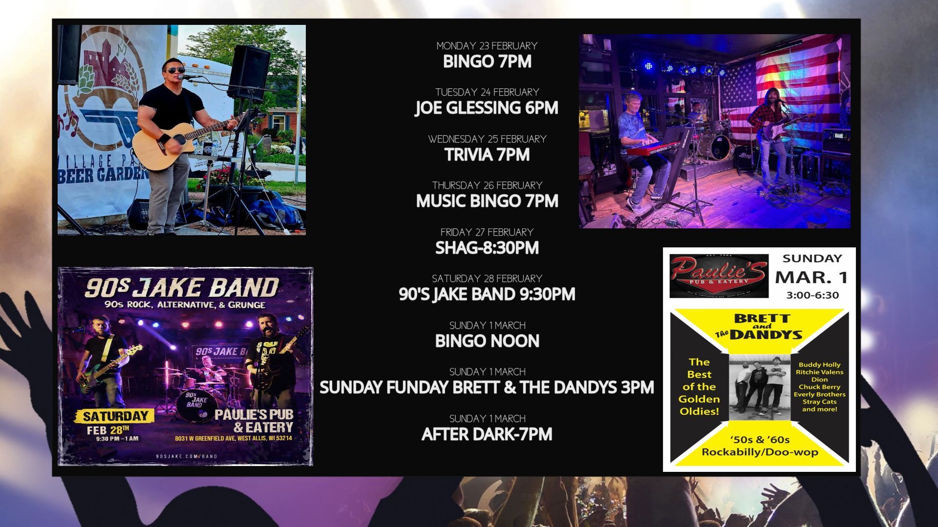 Event flyers with band photos, times, and activities: music bingo, bands, and performances at various locations.