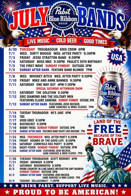 July bands poster listing live music, cold beer, and food times with red, white, and blue patriotic design