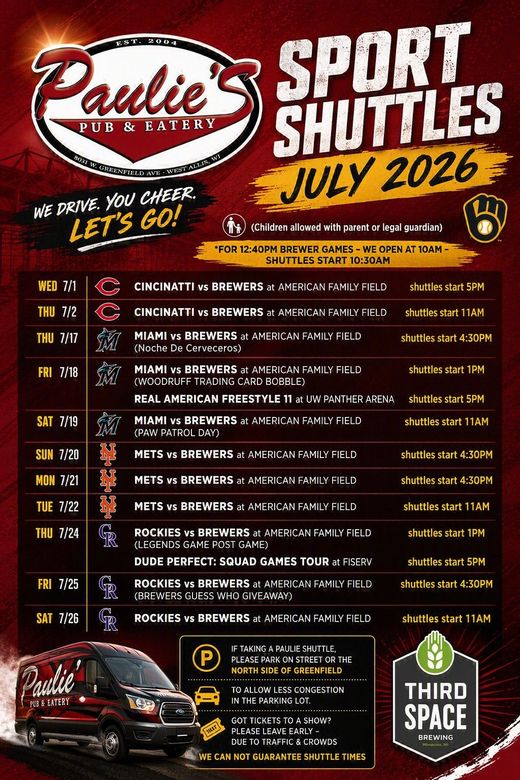 Paulie’s Sport Shuttles July 2026 event flyer with a red-black schedule and shuttle bus photo