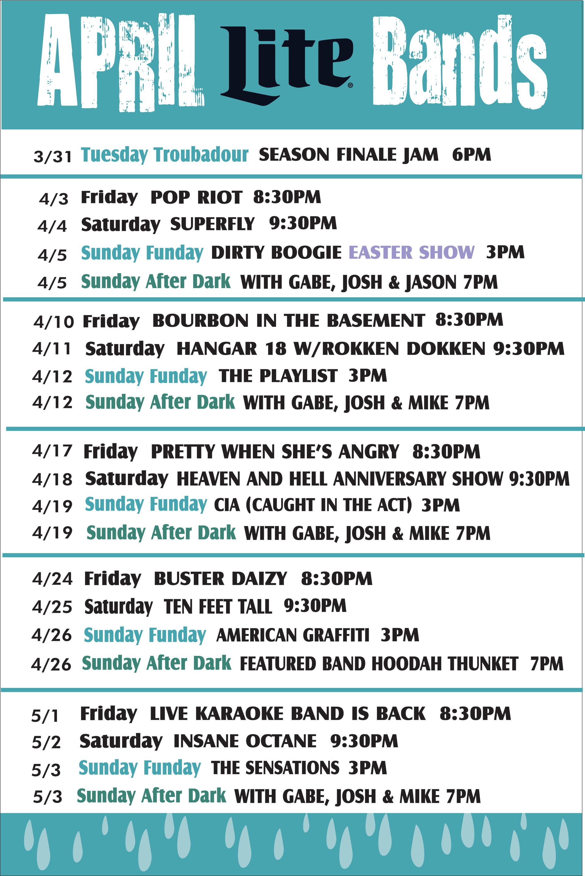 A schedule titled April Lite Bands, listing live music performances by date, band name, and show time.