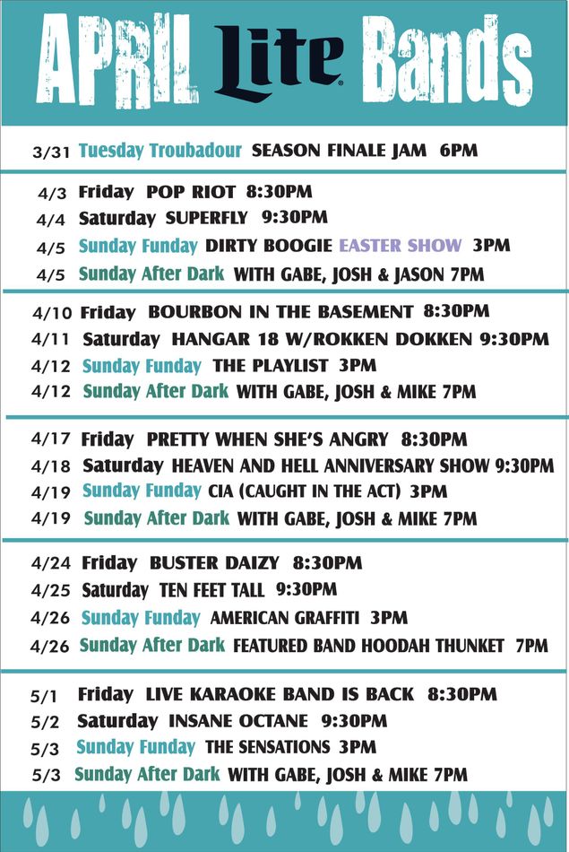 A schedule titled April Lite Bands, listing live music performances by date, band name, and show time.