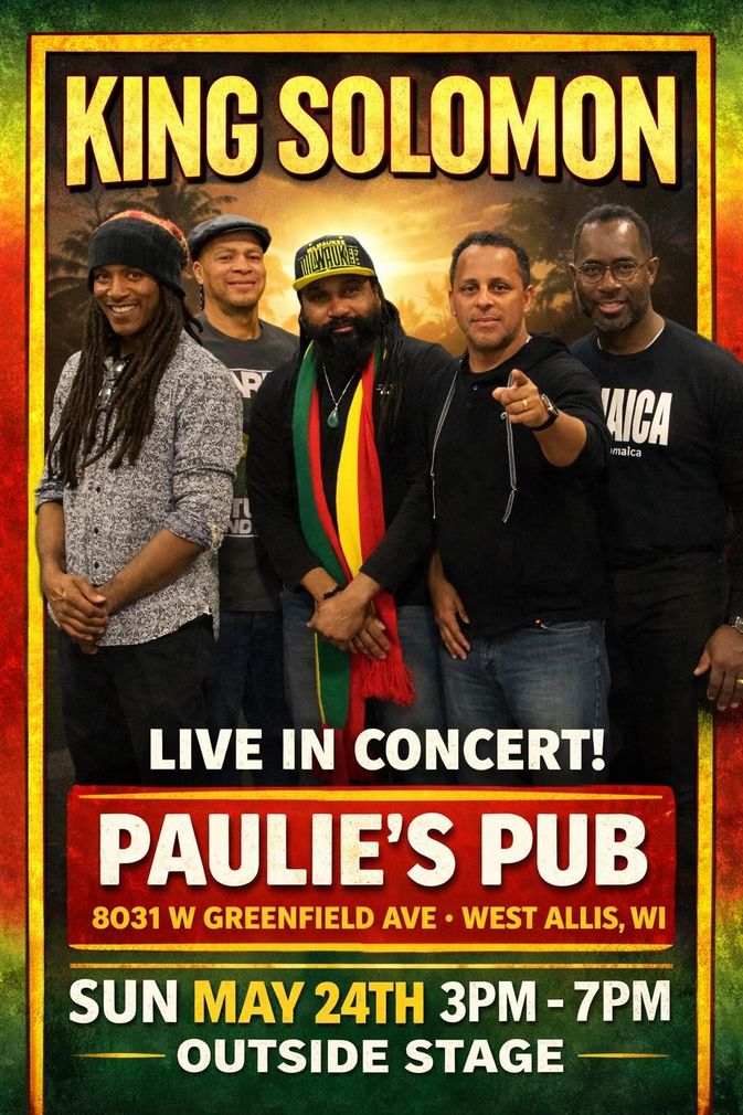 King Solomon concert poster with five performers, live at Paulie’s Pub, Sun May 24th 3PM–7PM.