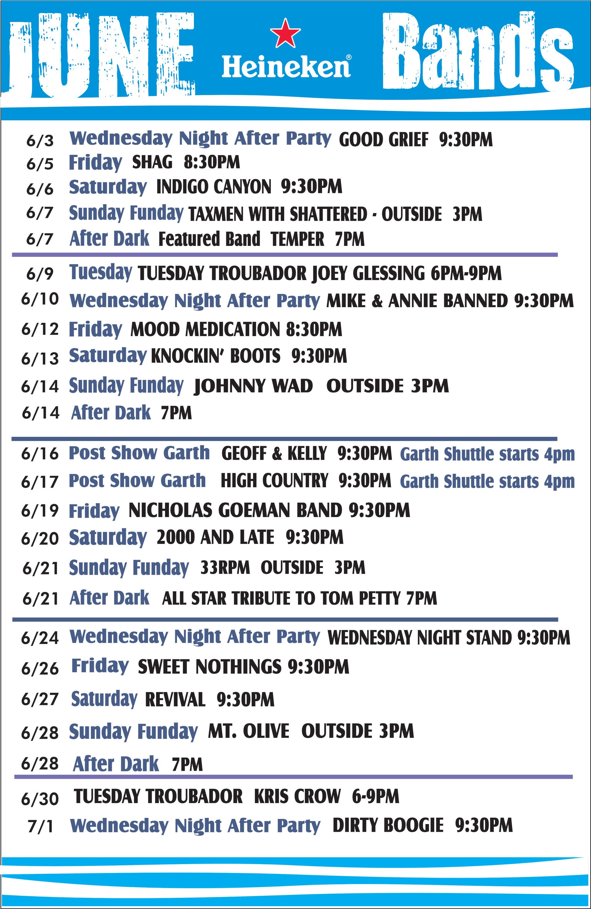Blue June events poster for Heineken Bands, listing dates, times, and performers across the month.