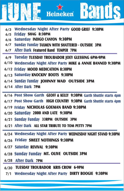 Blue June events poster for Heineken Bands, listing dates, times, and performers across the month.