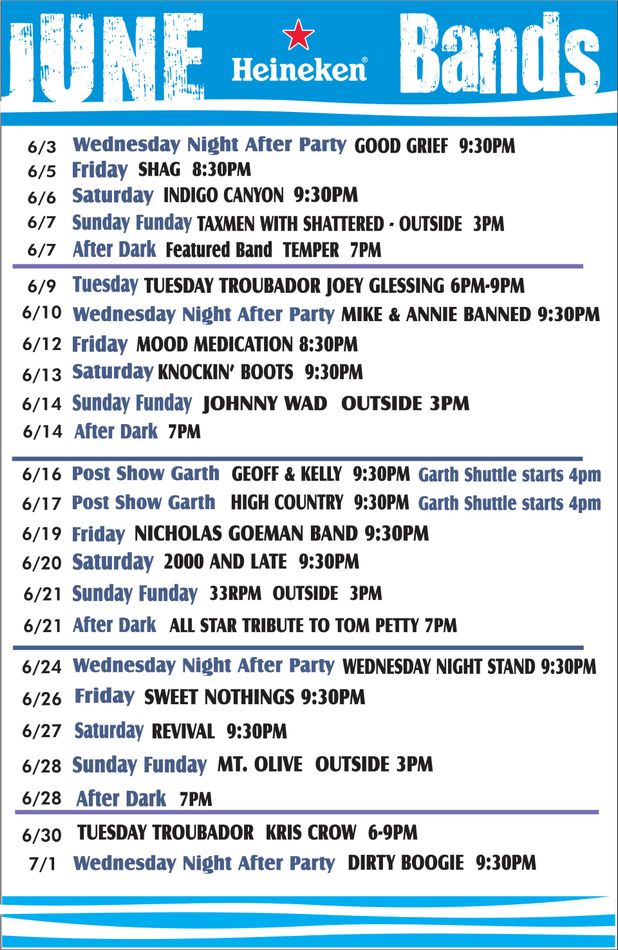 Blue June events poster for Heineken Bands, listing dates, times, and performers across the month.
