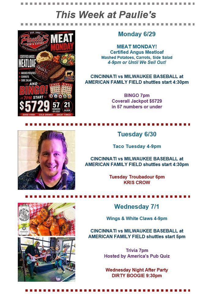 Weekly Paullie’s restaurant specials flyer with dates, photos, and meal deals on a white background