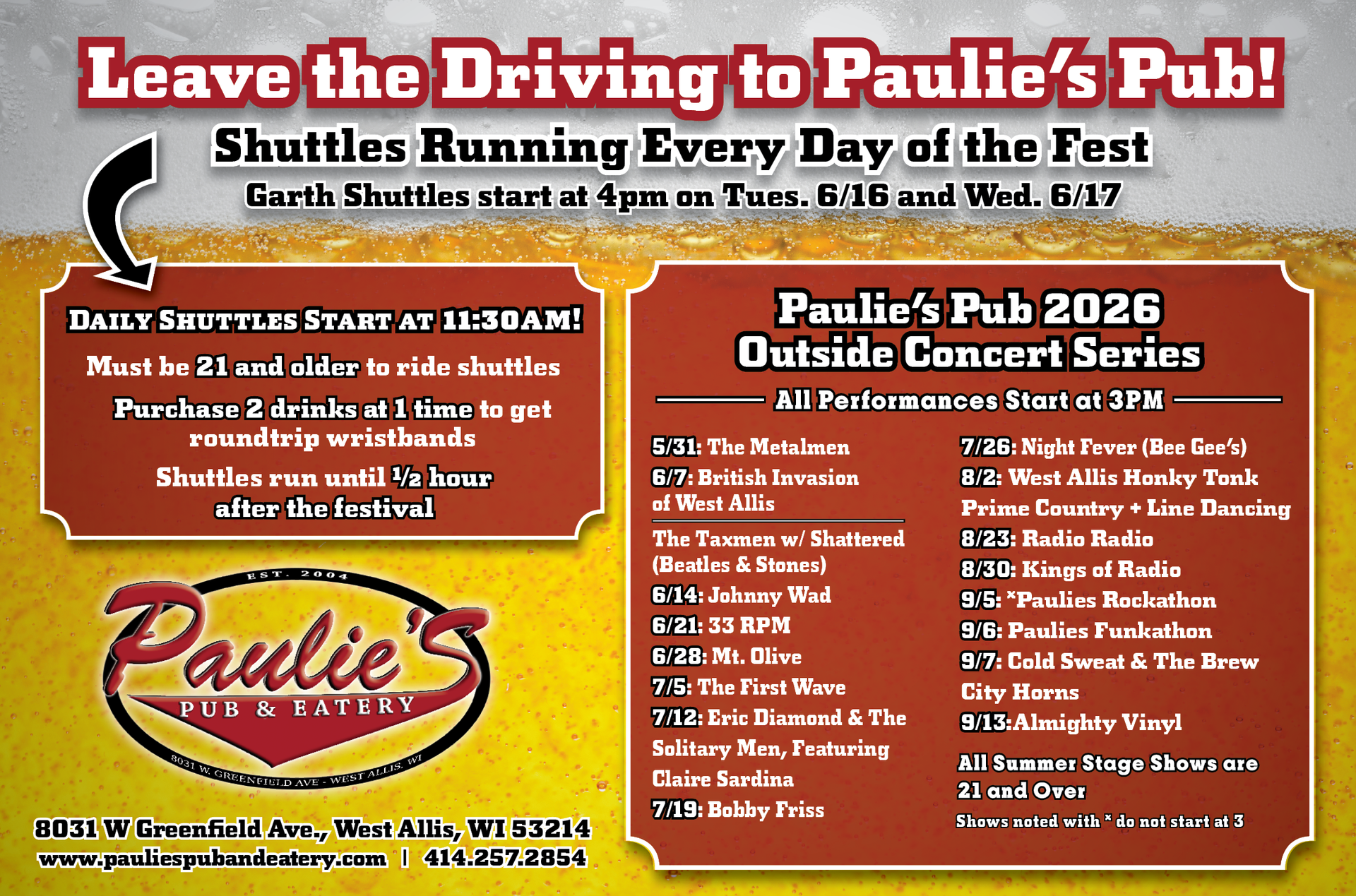 Pauli’s Pub 2026 outside concert series flyer with shuttle service and event schedule on red background.