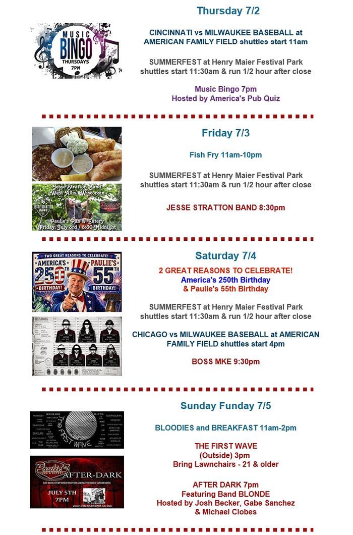 Vertical event flyer with five Thursday–Sunday listings, each with small photos and colorful text blocks.