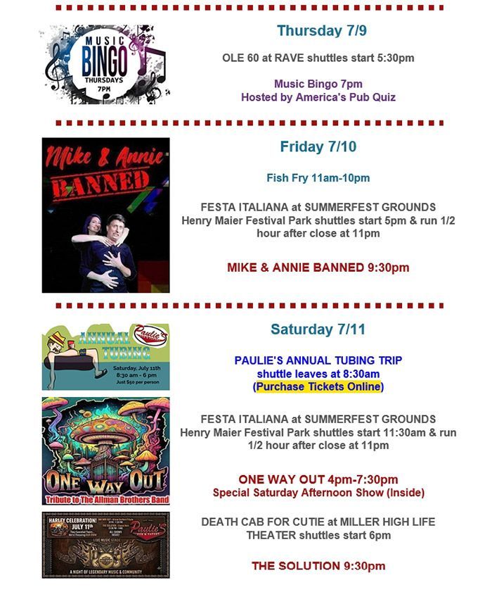 Weekly event flyer with bingo, live bands, and Saturday trip schedules in blue and red text