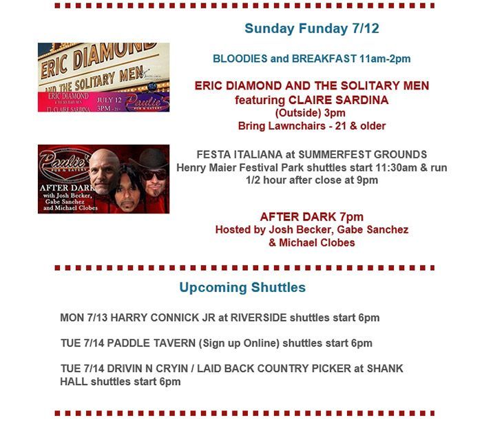 Flyer for Sunday Funday 7/12 with music, food, and shuttle times on a white background with red accents