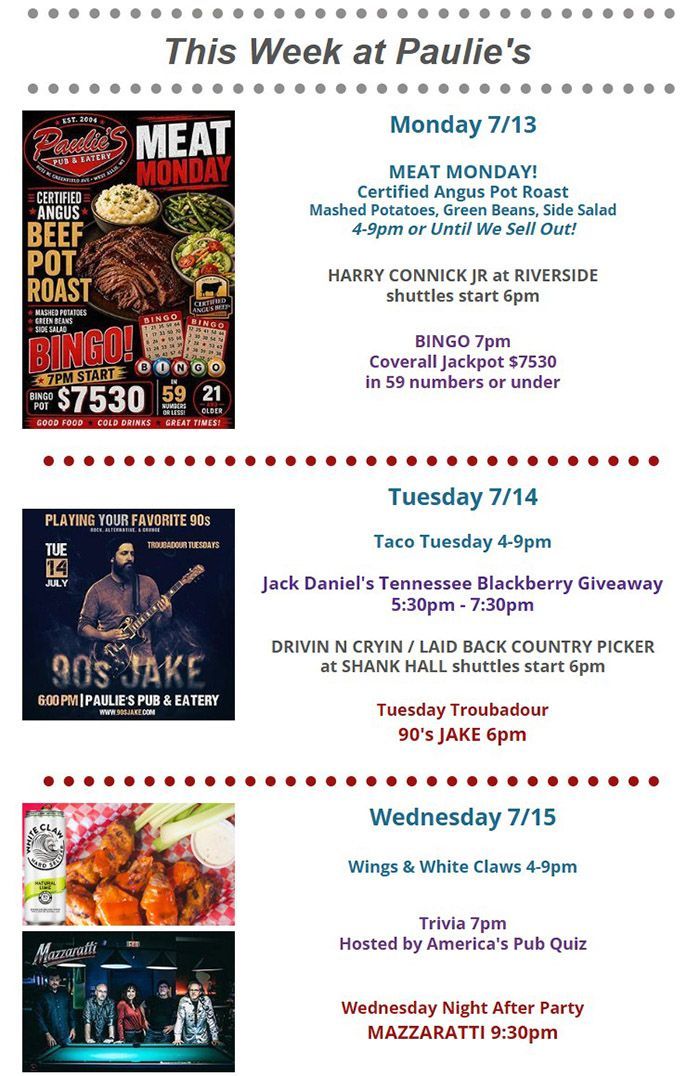 Weekly schedule flyer for Paulie’s with meal specials and event listings, red and blue text on white background