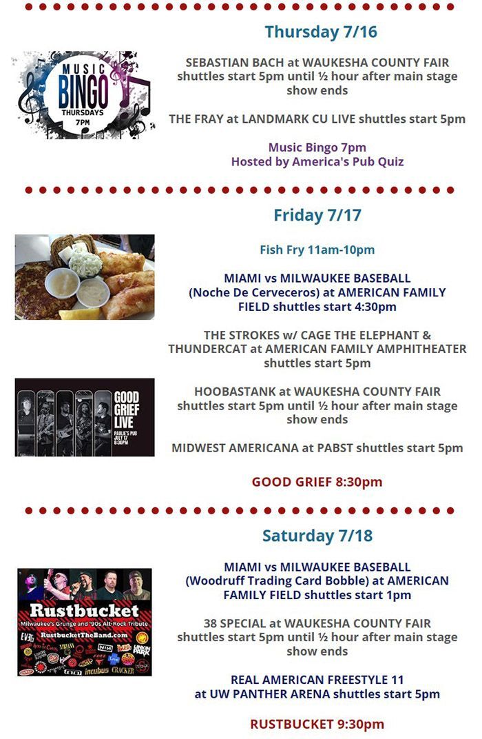Weekly event flyer with red dotted borders, listing Thursday 7/16 to Sunday 7/19 activities and band photos