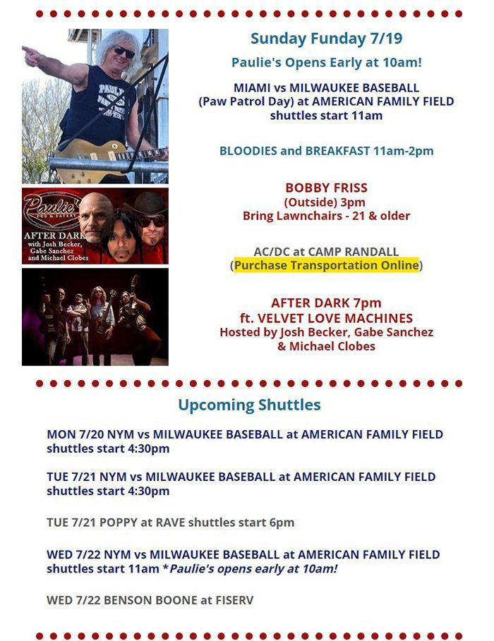 Sunday Funday event flyer with multiple bands, performance times, and colorful concert photos