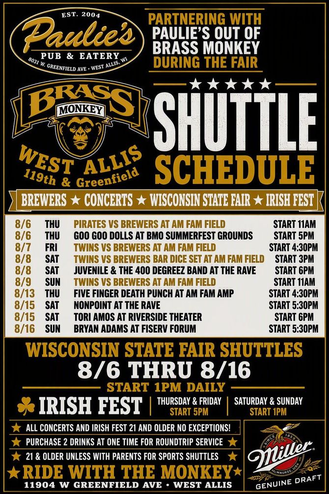 Poster for Wisconsin State Fair shuttle schedule with vendor logos, dates, times, and fare details on black and gold background