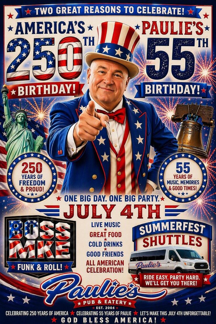 July 4th Paulie’s BBQ poster with Uncle Sam, fireworks, and shuttle details