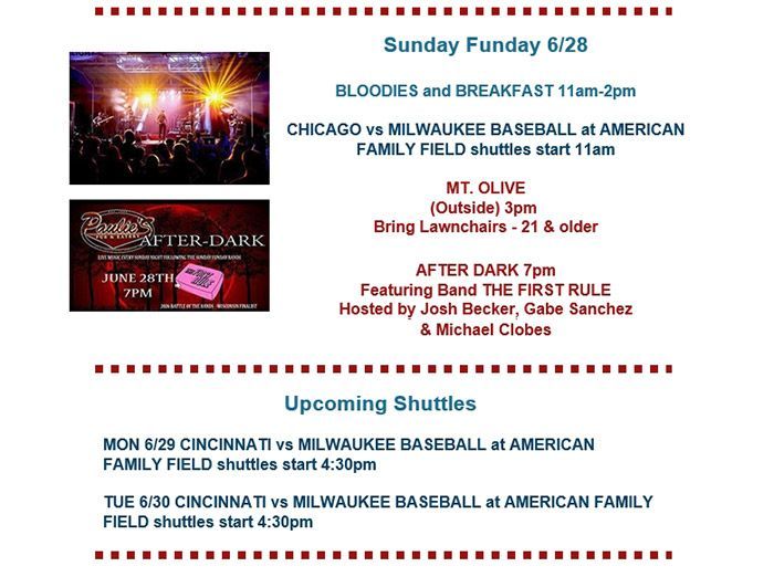 Sunday Funday flyer for baseball game, after dark party, and shuttle schedule, with concert image and red-black design
