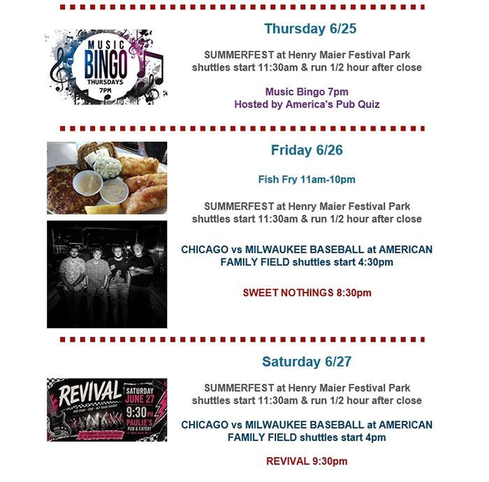 Weekly event schedule flyer with dates, times, food, music bingo, and summerfest shuttle details