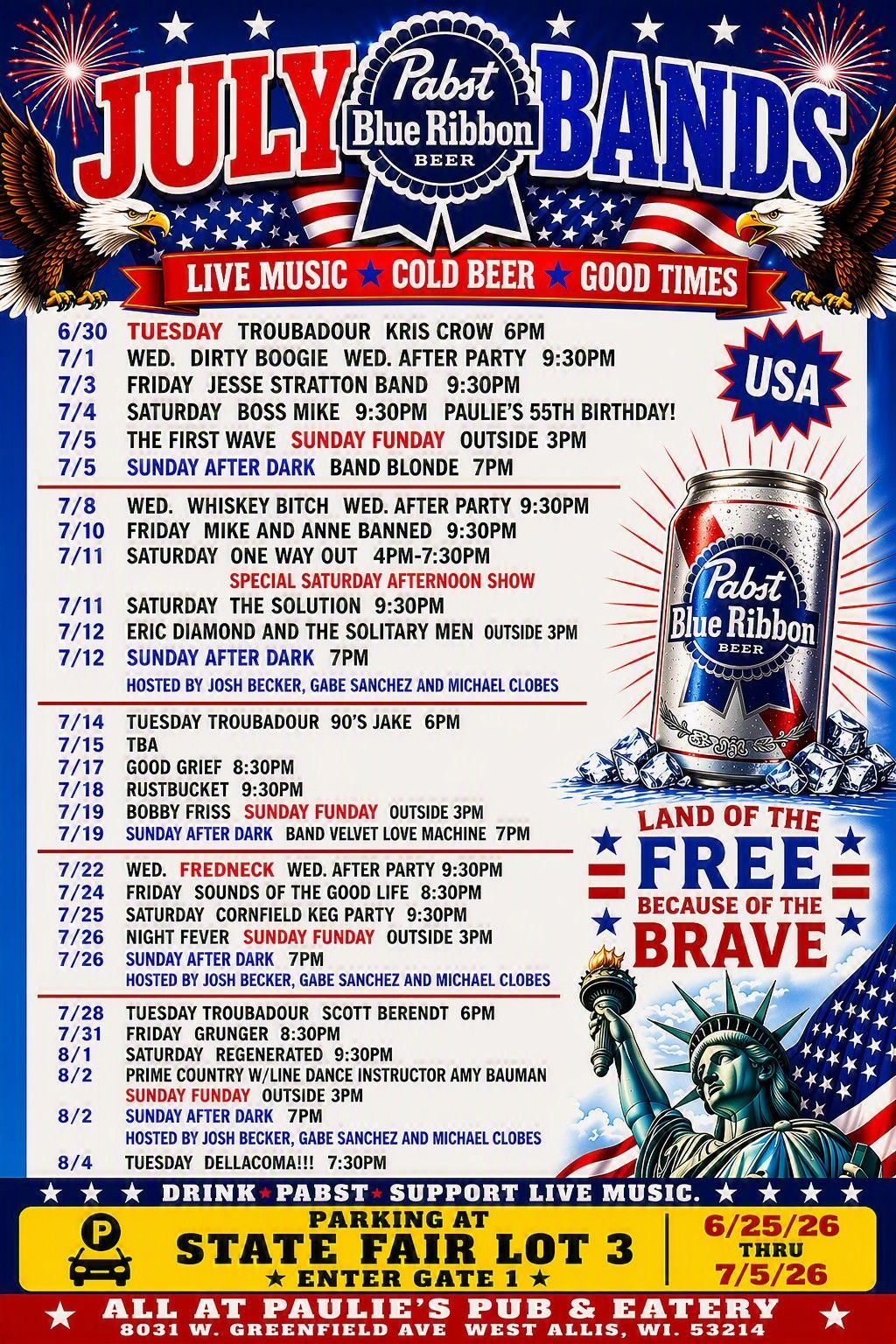 July bands poster listing live music, cold beer, and food times with red, white, and blue patriotic design