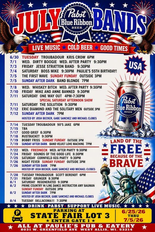 July bands poster listing live music, cold beer, and food times with red, white, and blue patriotic design
