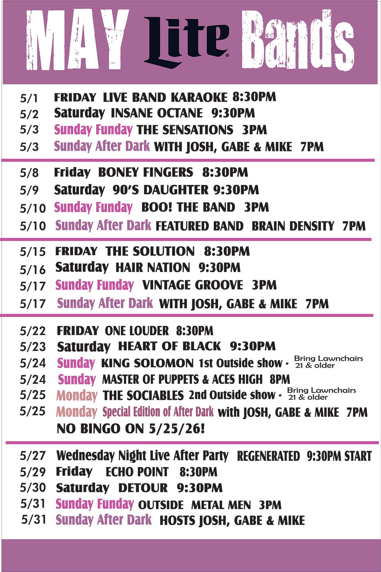 May Lite Bands event calendar with purple header and a list of May show dates, times, and venues.