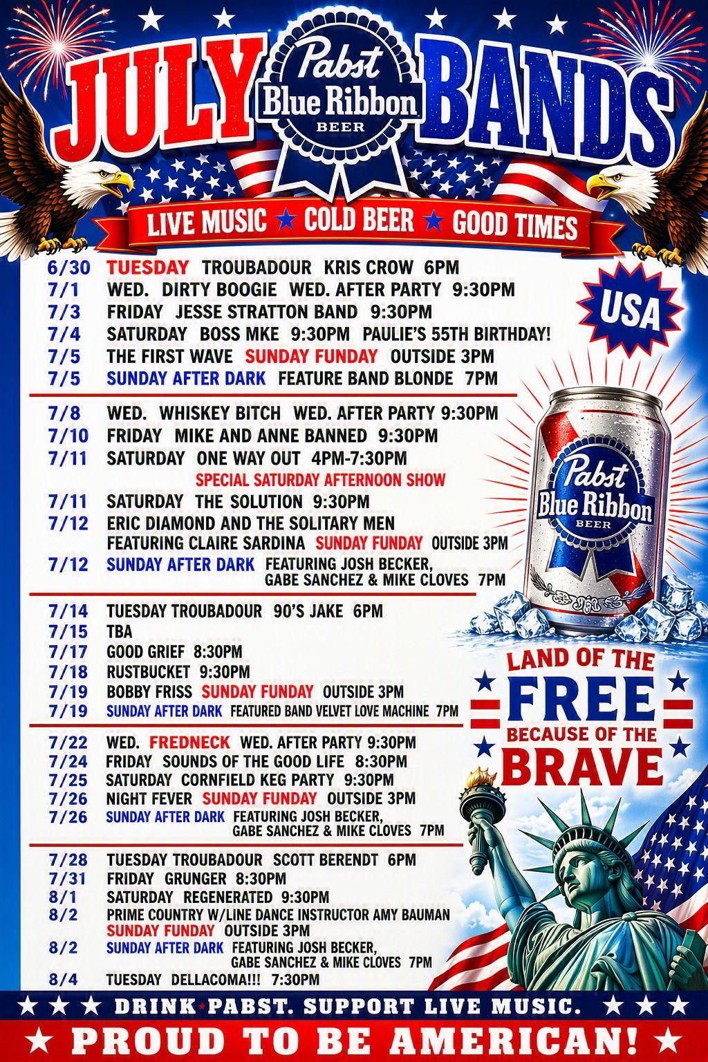 July Bands poster with performance dates, stars-and-stripes design, and “Free, Brave” patriotic graphics