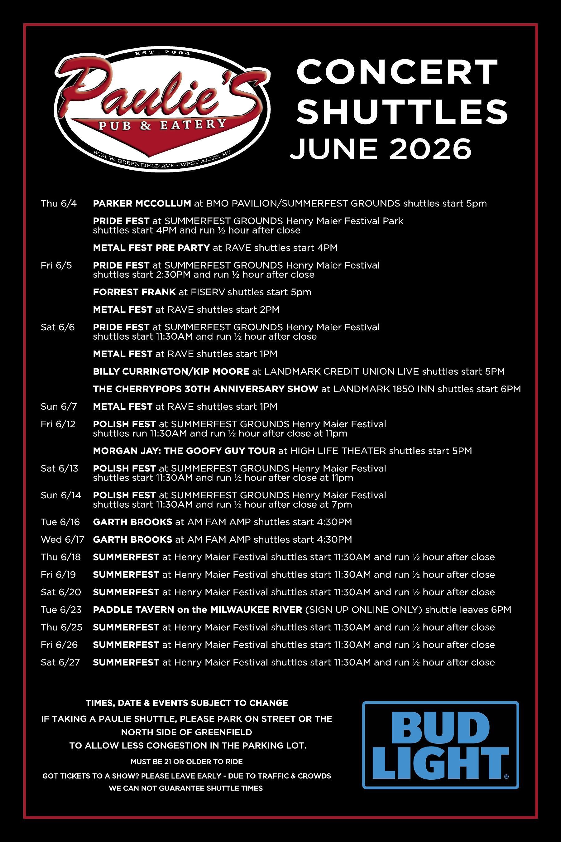 Paulie's Concert Shuttles June 2026 schedule poster with Bud Light logo on black background