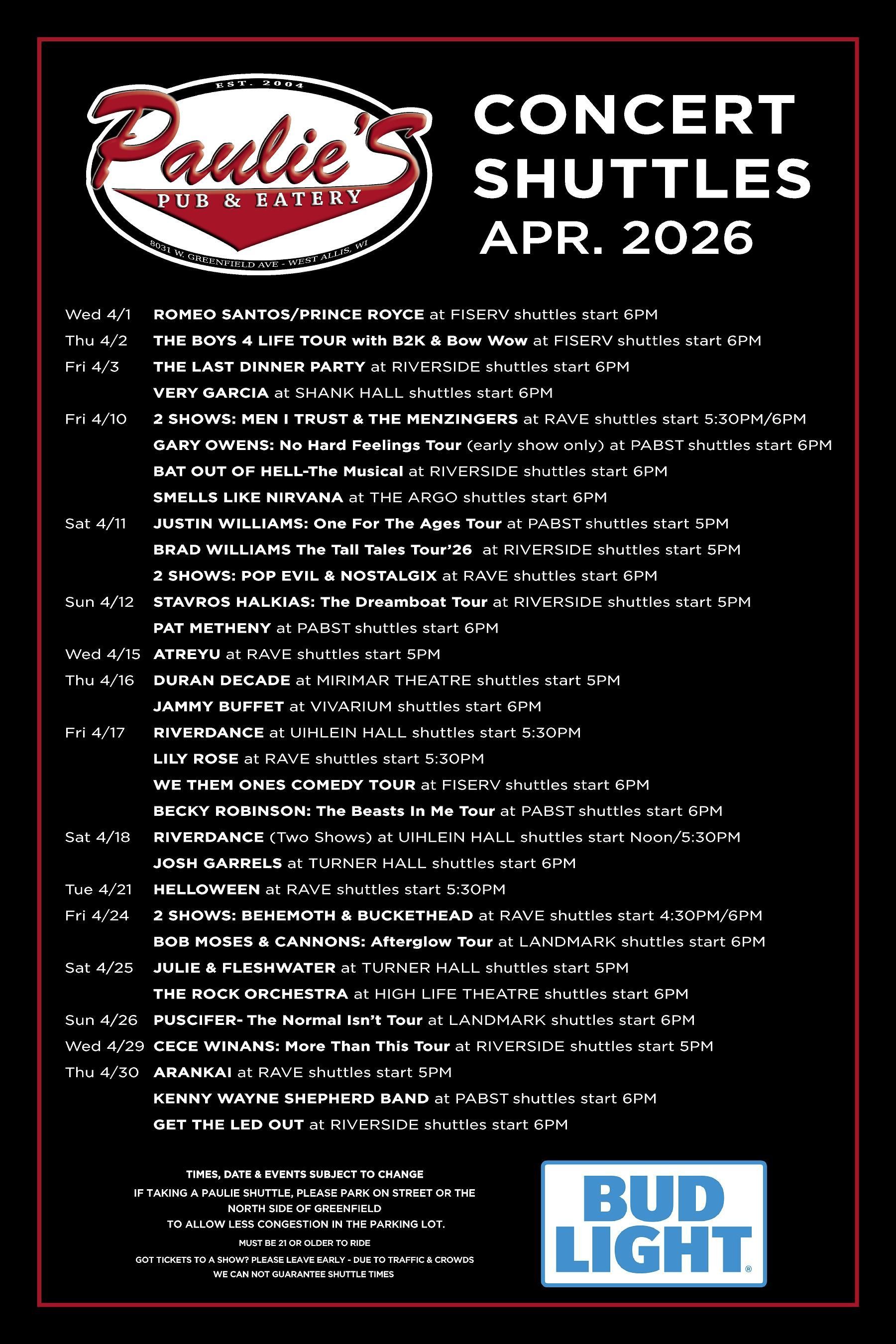 Paulie's Pub & Eatery concert shuttle schedule for April 2026, listing various events and shuttle departure times. 