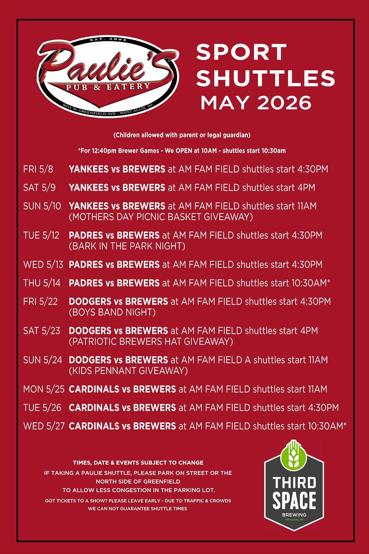 Red Paulies Sport Shuttles May 2026 schedule poster with white text and Third Space logo
