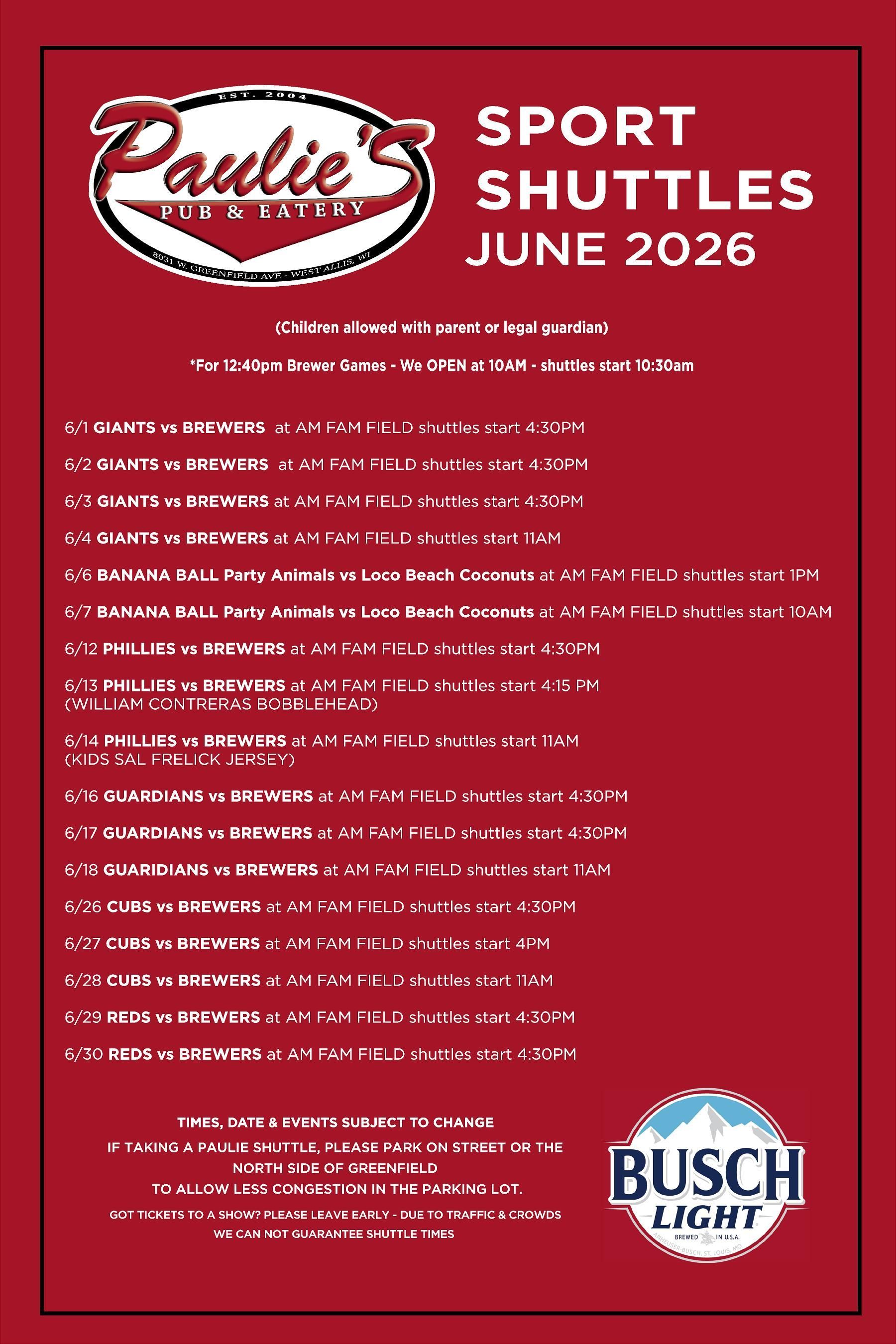 Red Busch Light sports shuttles schedule poster for June 2026, with Cardinals logo and event list.