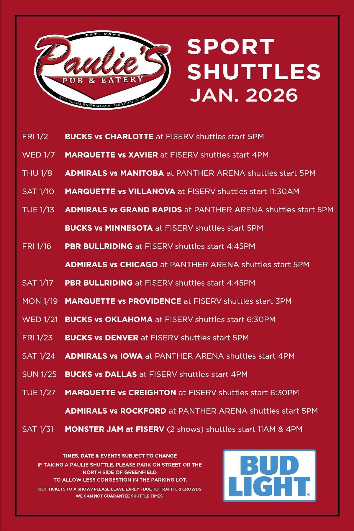 Flyer for Paulie's Bar & Eatery sport shuttles in January 2026. Includes game schedules and Bud Light logo.