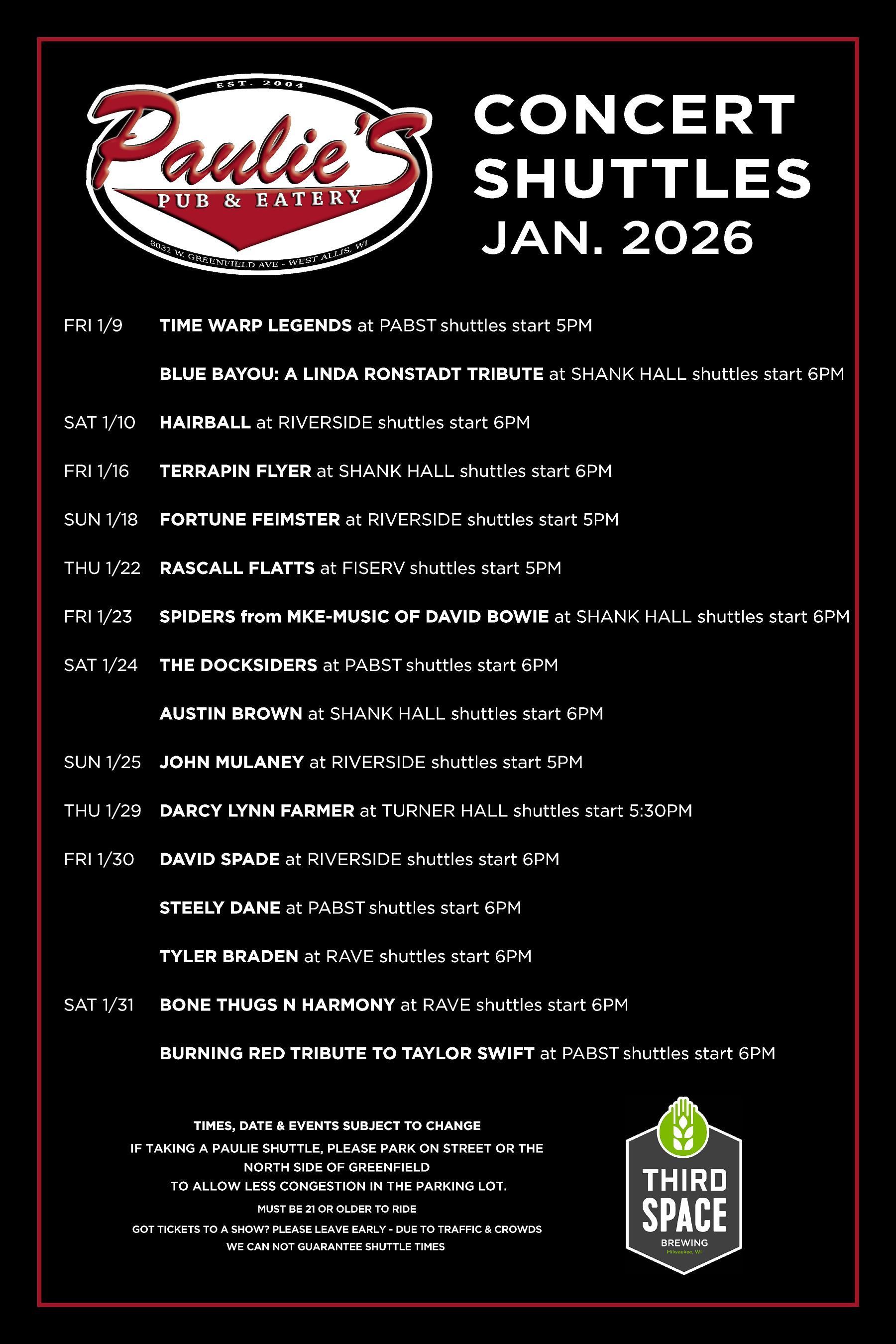 Paulie's Diner concert shuttles for January 2026. List of concert dates and venues. Black background with red and white logo.