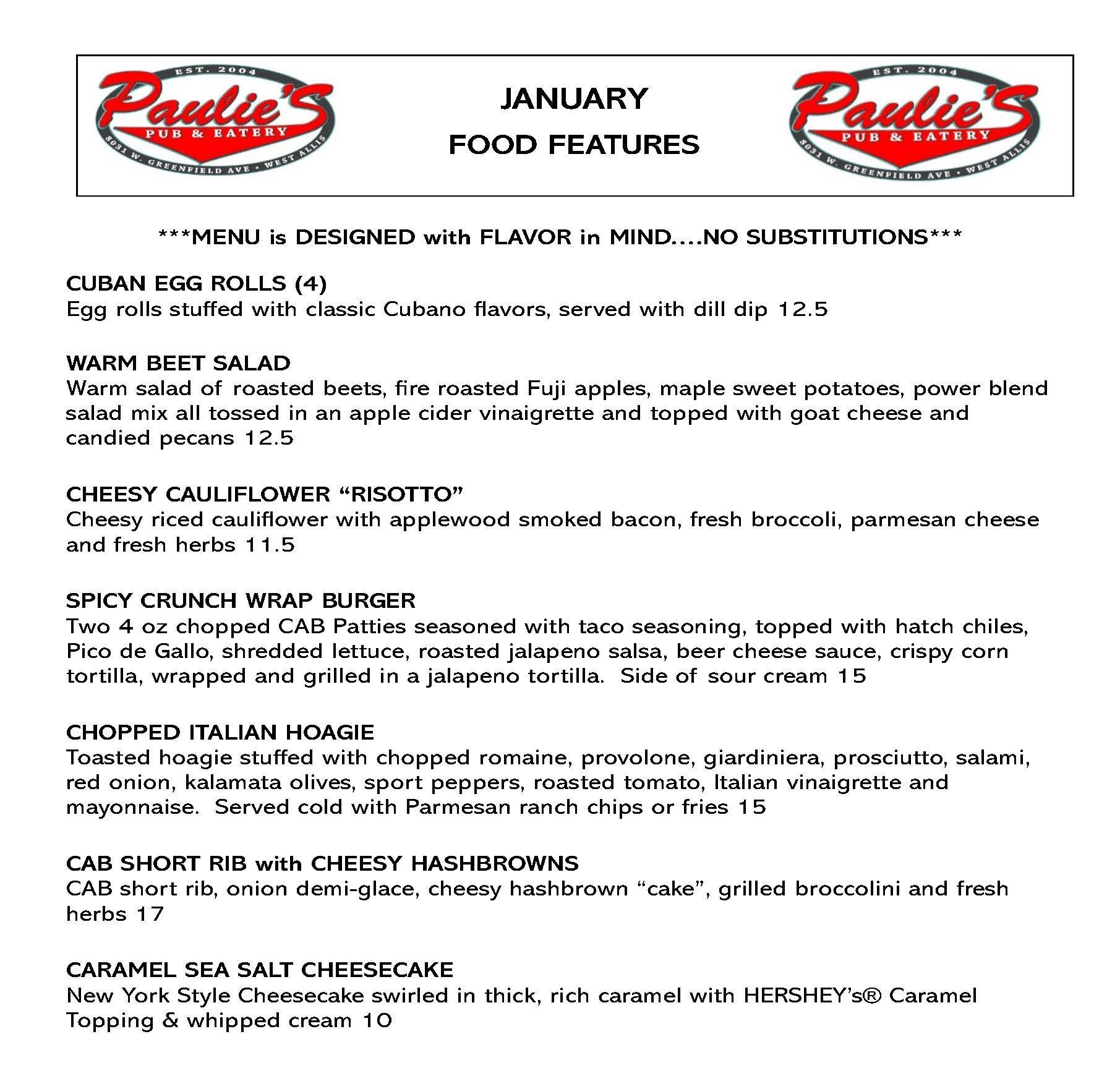 Menu for Paulie's Diner, with January food features, including Cuban egg rolls, warm beet salad, and caramel sea salt cheesecake.