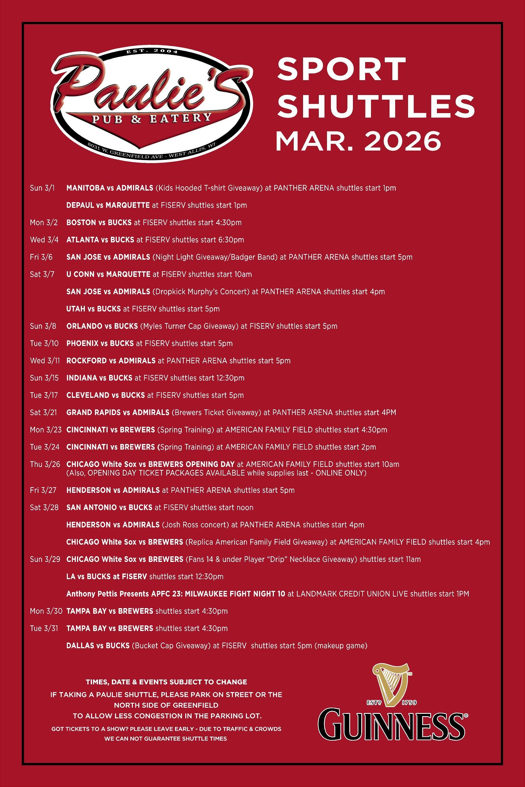 Paulie's Bar & Grill sport shuttle schedule for March 2026, with game details, against a red background.