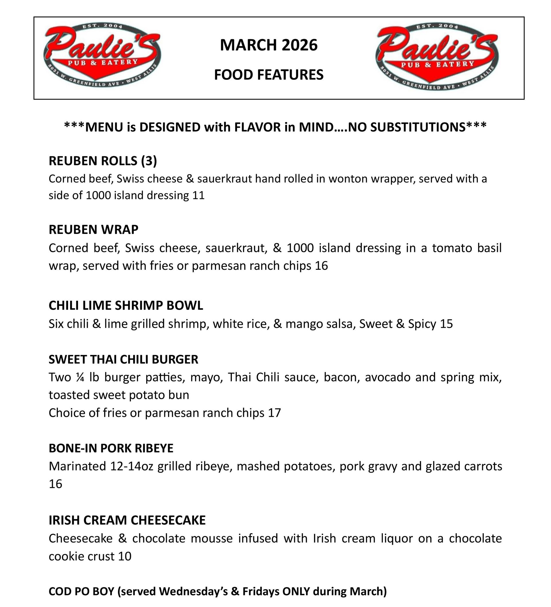 March 2026 food features menu from Paulie's, listing various food items like rolls, wraps, bowls, and desserts.
