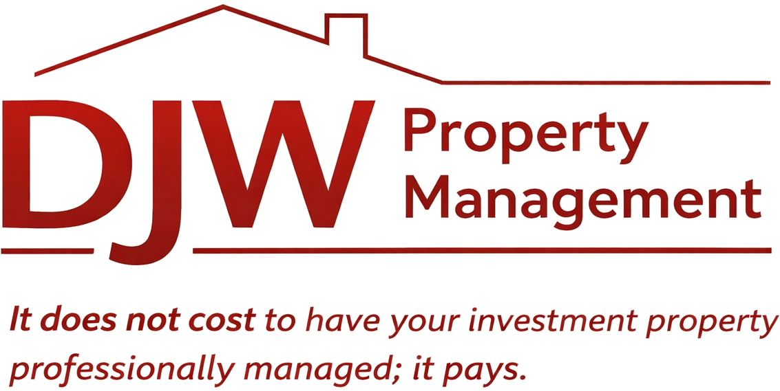 DJW Property Management logo with red house roof and tagline about investment property maintenance.