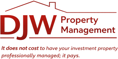 DJW Property Management logo with red house roof and tagline about investment property maintenance.