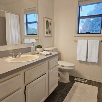 A bright, neutral-toned bathroom featuring a vanity with a white sink, a toilet, a shower, and two windows.