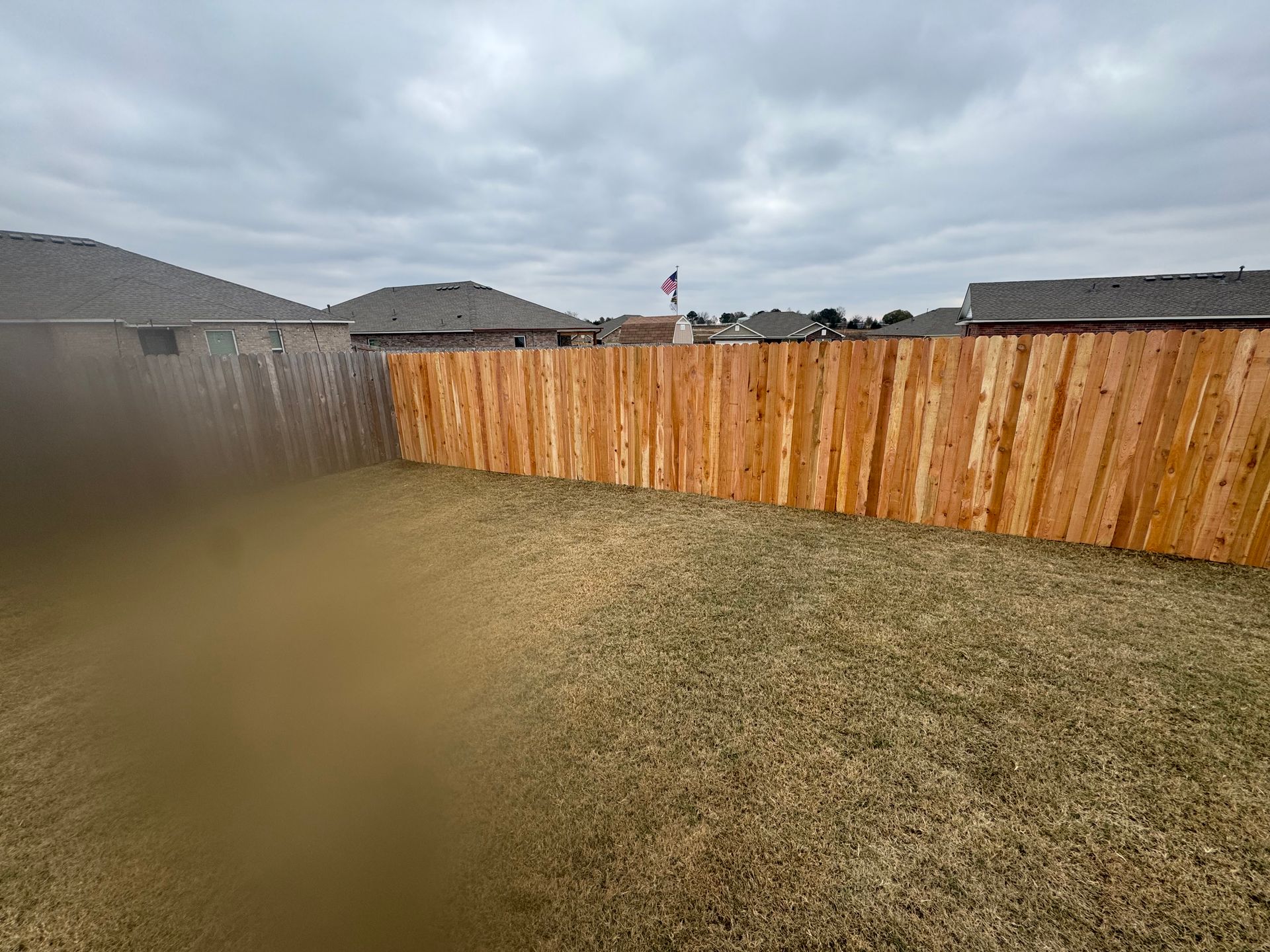 Backyard with a wooden privacy fence and cloudy sky, dry grass in the foreground.