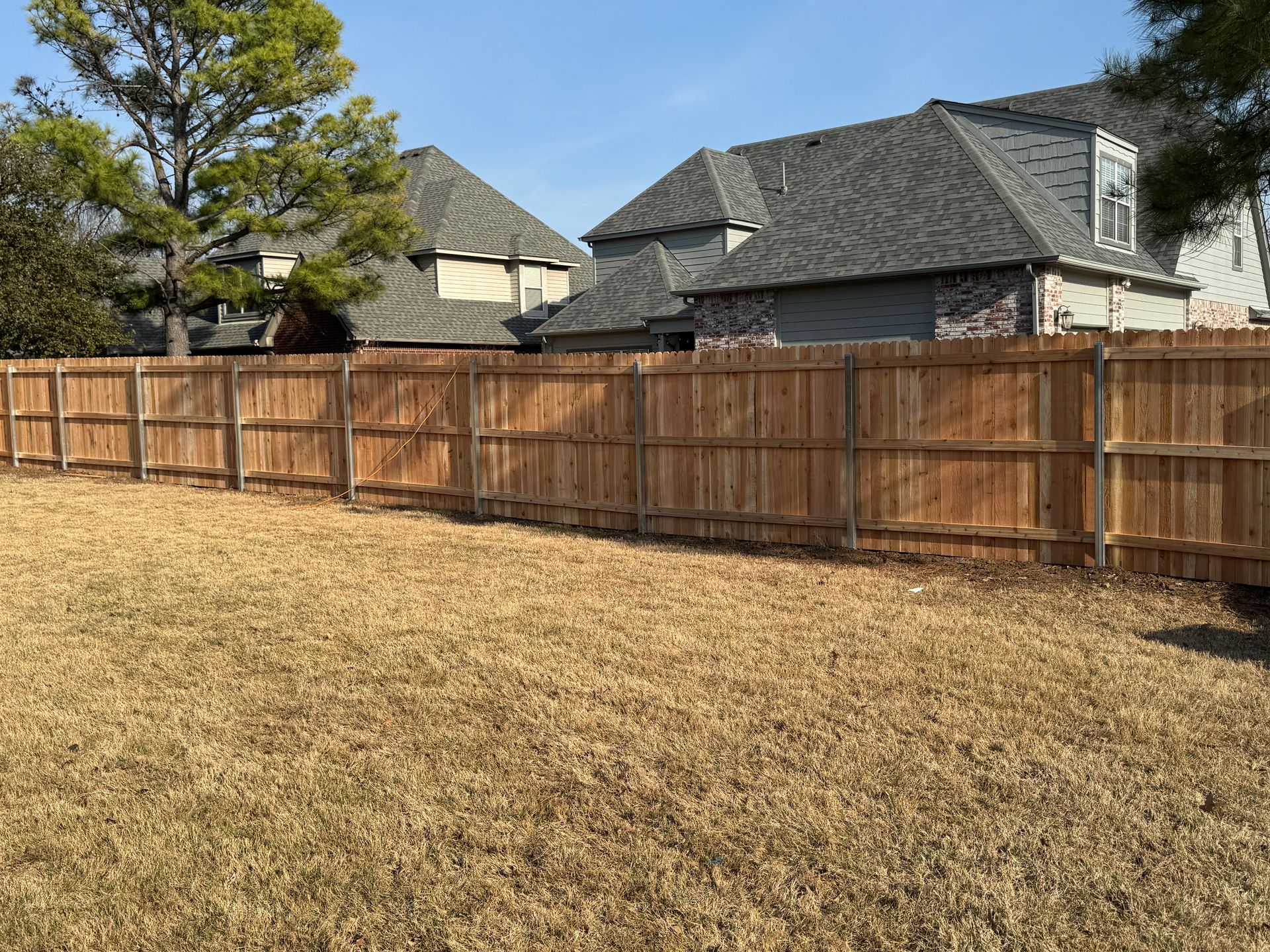 Wooden privacy fence along a dry backyard with two houses and a tree under a clear sky