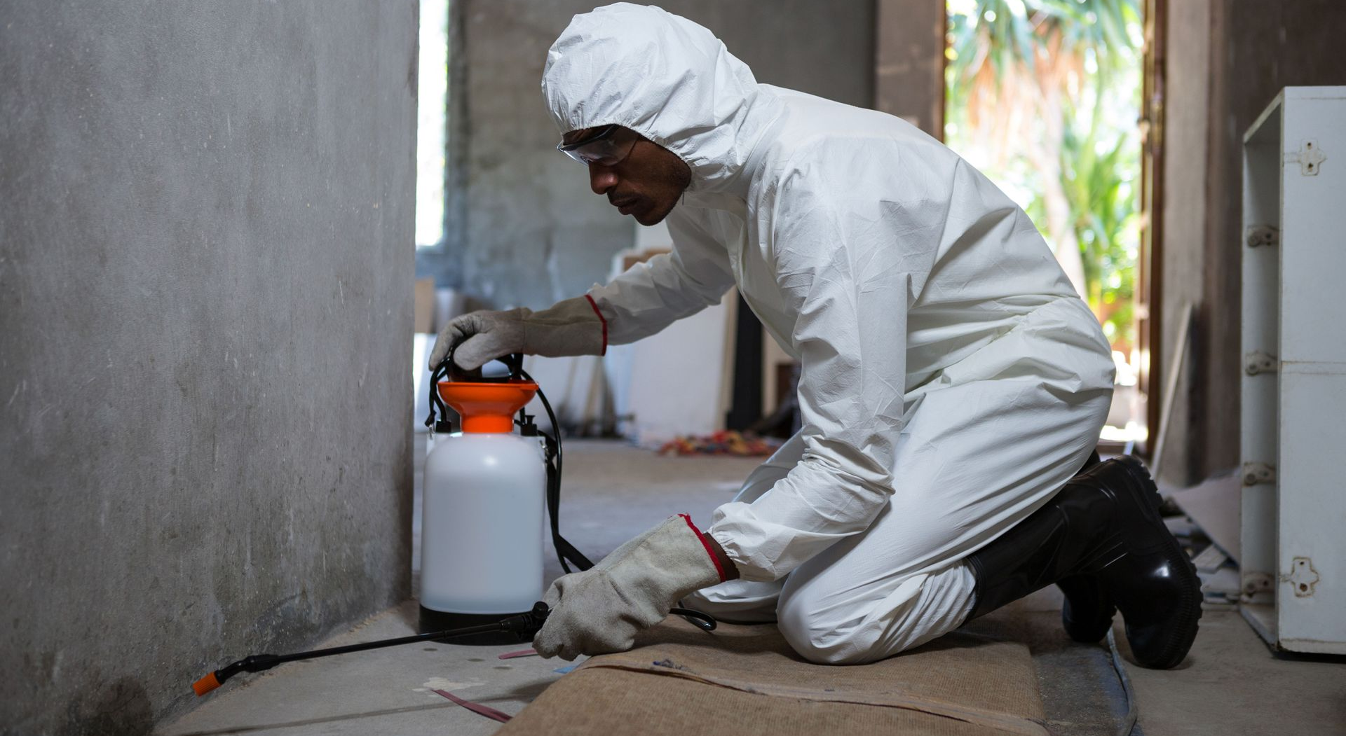 Worker in white protective suit spraying insecticide near a wall indoors.