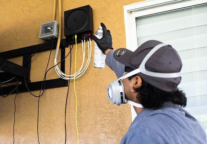 Worker inspecting wall-mounted electrical equipment with cable wiring, wearing a respirator and gloves.