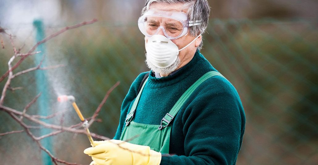 Person in protective gear pruning a tree branch outdoors, wearing goggles, mask, green sweater, and yellow gloves